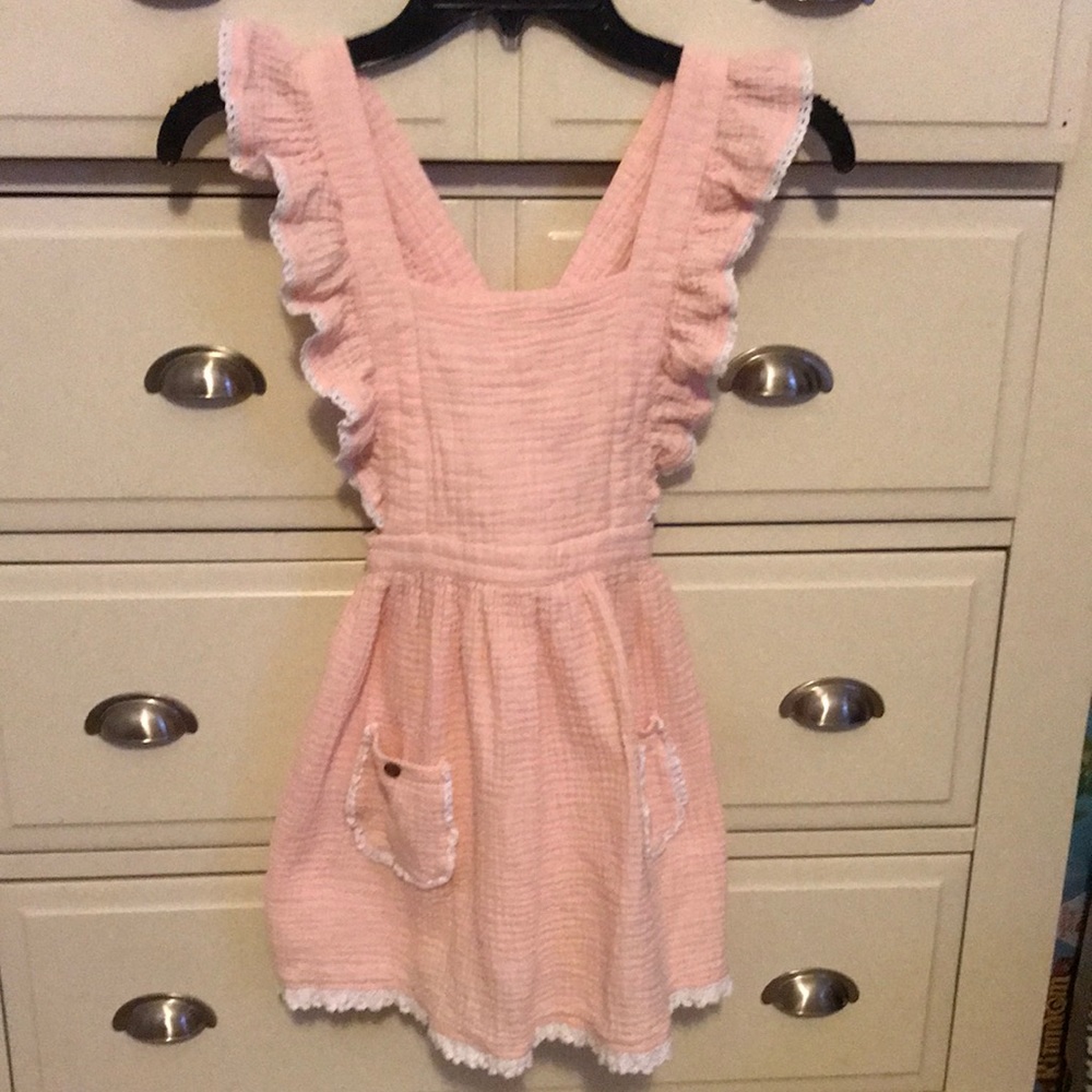 Serendipity by Shrimp & Grits Pink gauze cotton Pinafore Dress Size L 7/8